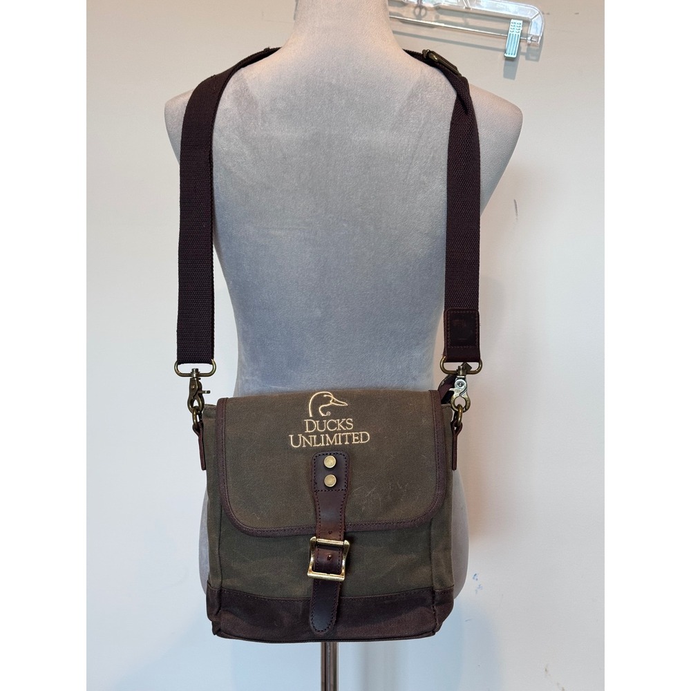 Ducks Unlimited Waxed Canvas Messenger Crossbody Bag Olive Green Brown Hunting